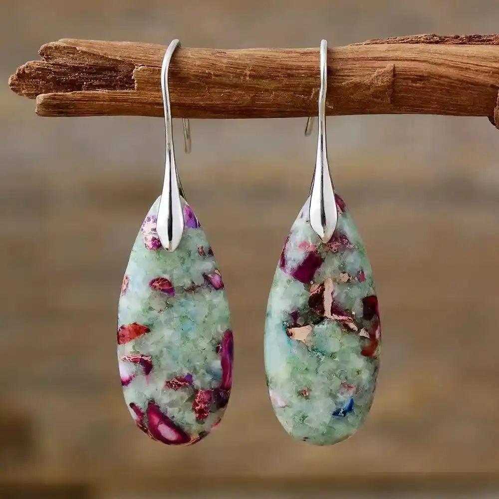 Imperial Jasper Boho Huggie Earrings: Teardrop imperial jasper in earthy green with unique red and purple patterns, on silver hooks.