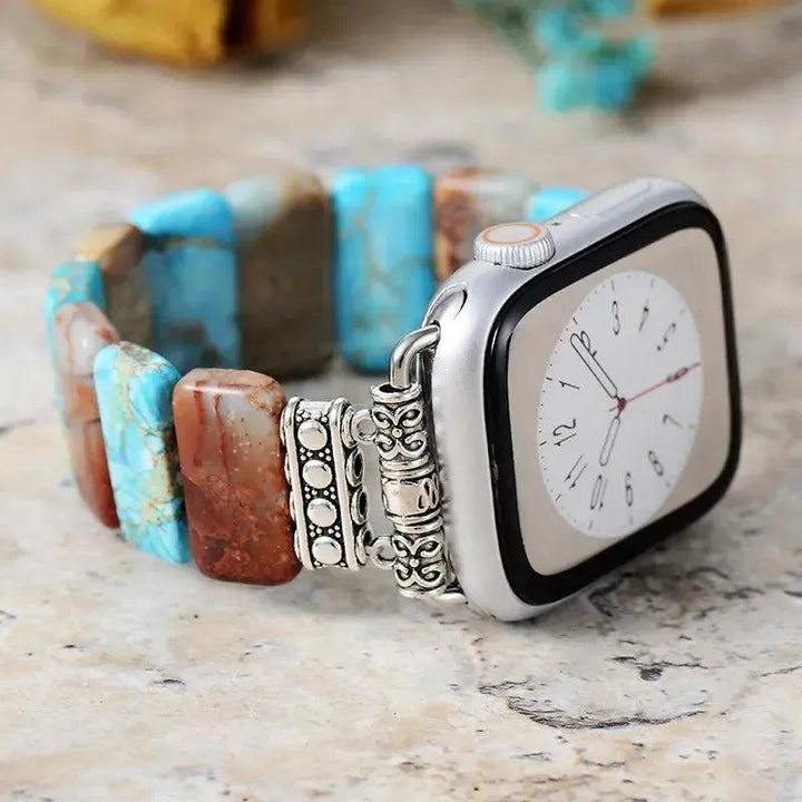 Imperial Jasper Apple iWatch Band with earthy jasper and vibrant turquoise beads, silver accents, and a silver Apple Watch.