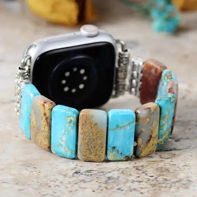 Imperial Jasper Apple iWatch Band with earthy brown, tan, green, and burgundy landscape patterns. Grounds energy.