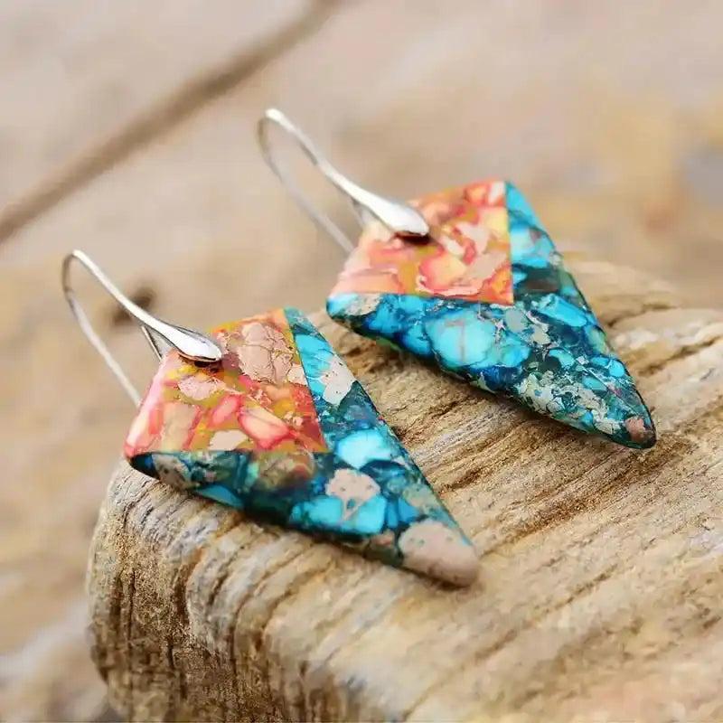 Imperial Jasper Crystal Arrowhead Drop Earrings with vibrant swirls of green, orange, cream, and pink for grounding strength.