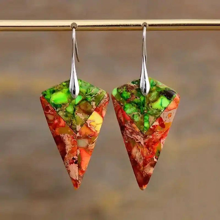 Imperial Jasper Crystal Arrowhead Drop Earrings with vibrant green, orange, cream, and pink swirls for grounding strength.