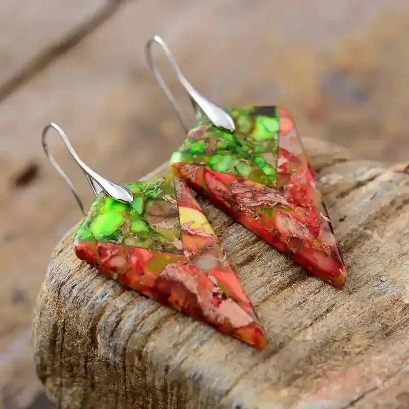 Imperial Jasper Crystal Arrowhead Drop Earrings with vibrant green, orange, cream, and pink swirls for grounding strength.