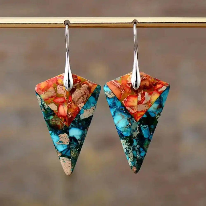 Imperial Jasper Crystal Arrowhead Drop Earrings, boho style with vibrant green, orange, cream, and pink swirls for grounding.