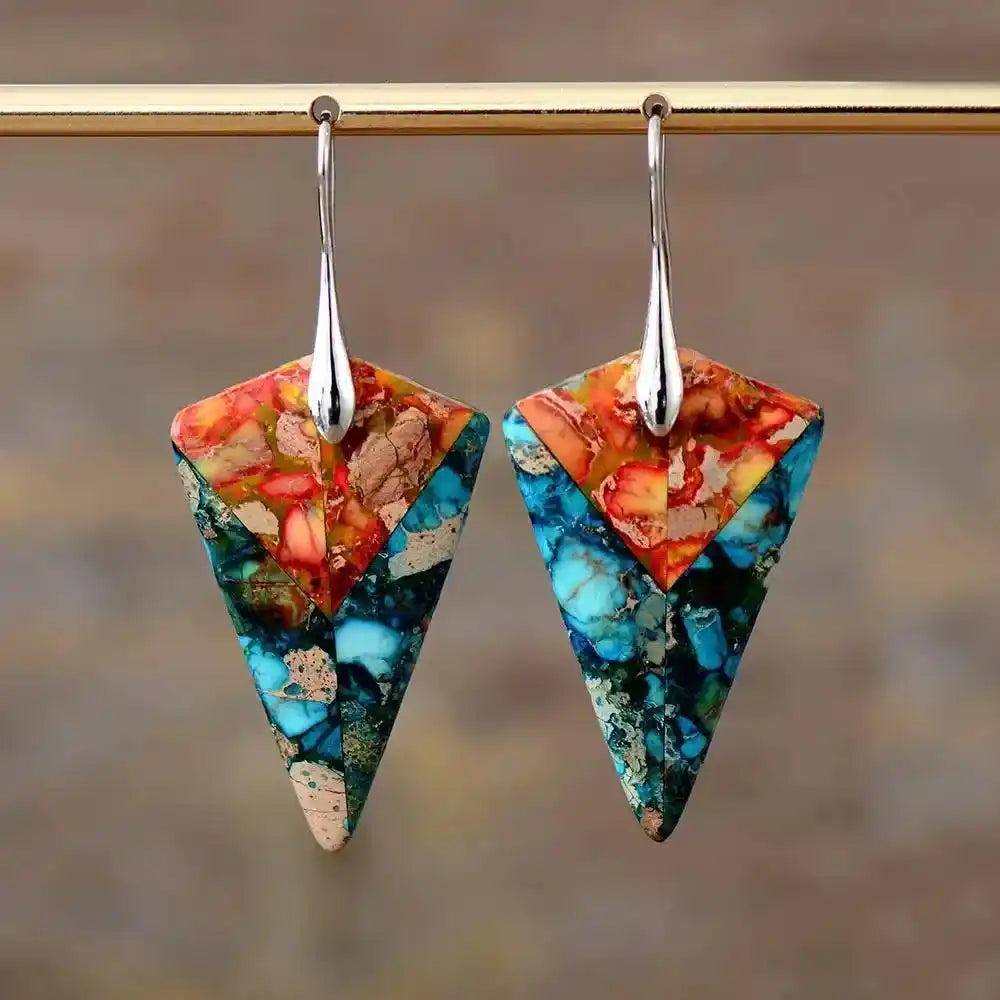 Imperial Jasper Crystal Arrowhead Drop Earrings Boho, with vibrant swirling patterns in green, orange, cream, and pink.