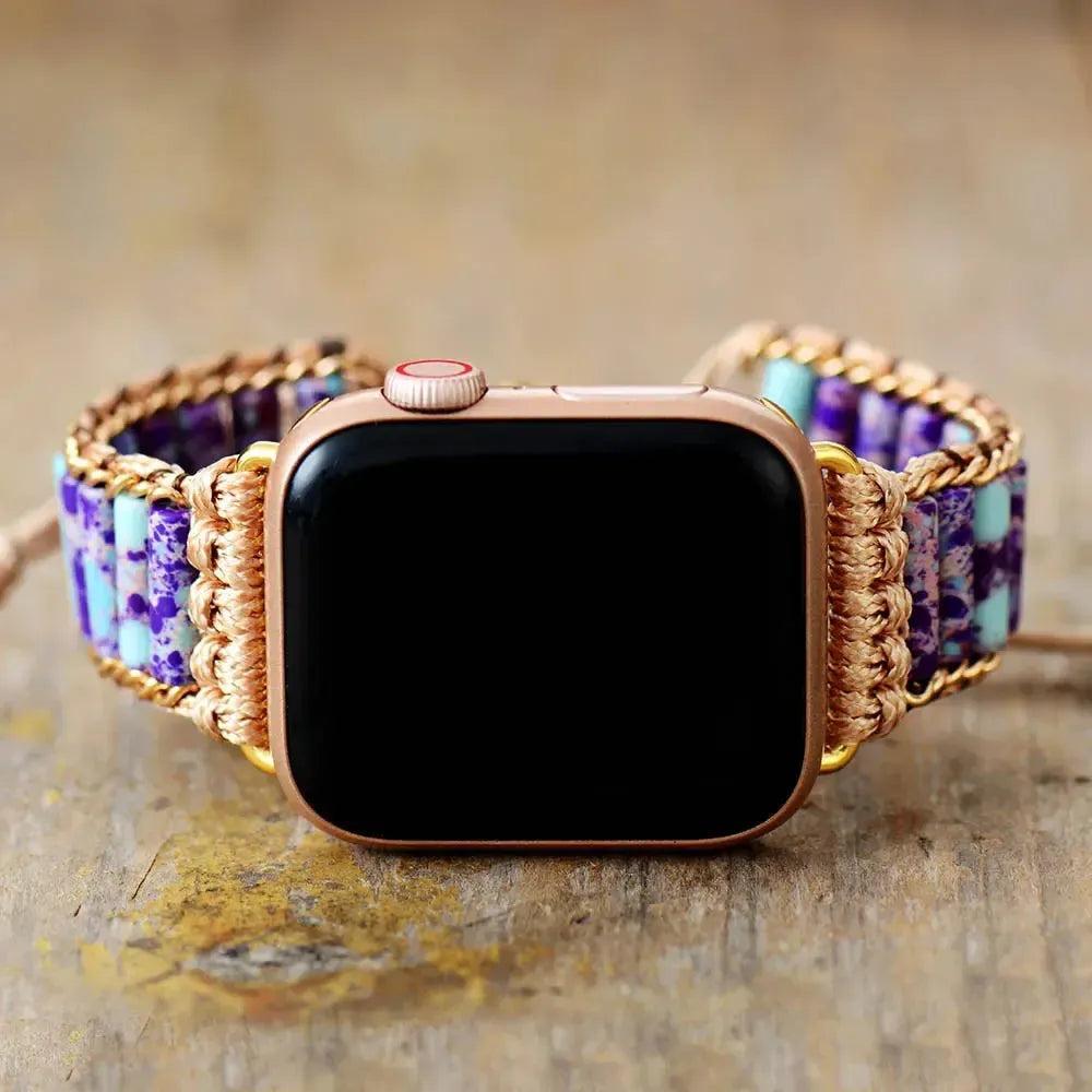 Imperial Jasper Beaded Apple iWatch Band: Purple and turquoise imperial jasper beads with gold-toned macrame, promoting emotional stability.