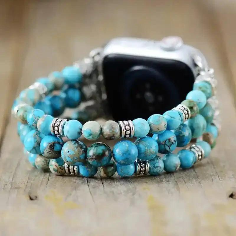 Imperial Jasper Beaded Apple Watch Band with vibrant blue-green stones, promoting stability and grounding energy.