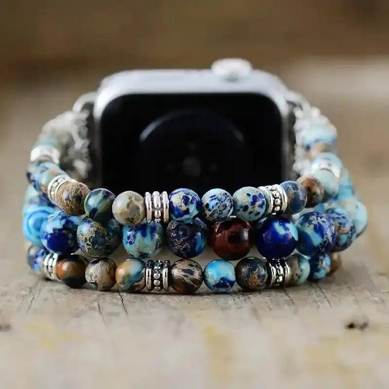 Imperial Jasper Beaded Apple Watch Band with earthy blue, brown, and cream stones for grounding energy and boho style.