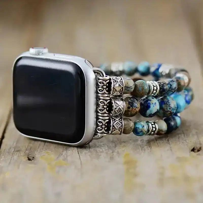 Imperial Jasper Beaded Apple Watch Band with earthy blue and brown stones, promoting stability and grounding energy.