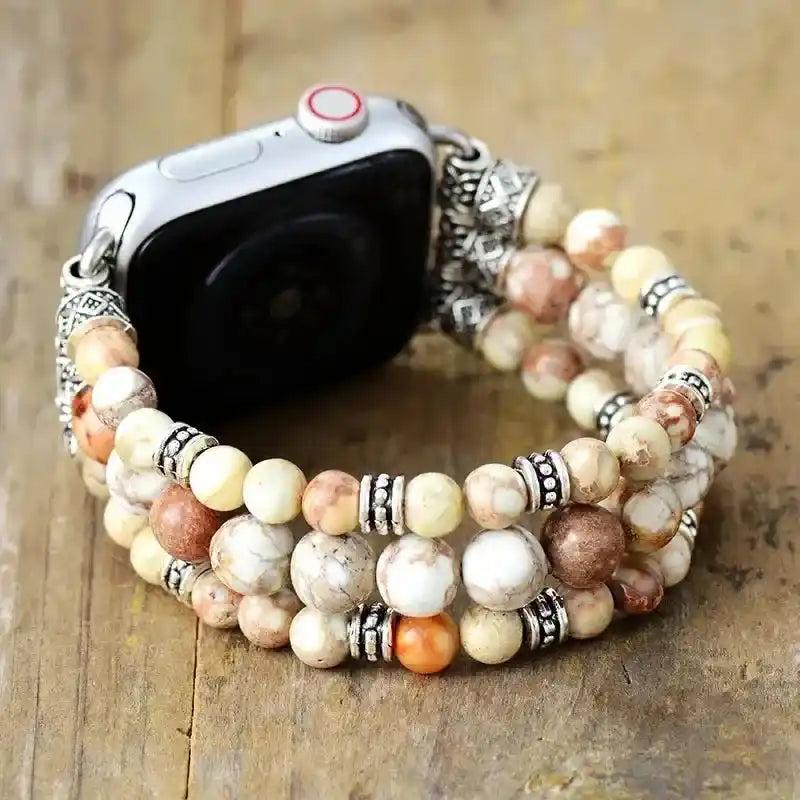 Imperial Jasper Beaded Apple Watch Band with earthy tones, silver accents, promoting stability and balance.