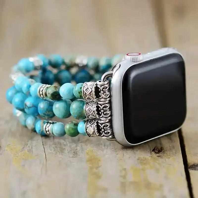 Turquoise Imperial Jasper Crystal Beaded Apple Watch Band Strap, grounding and stabilizing with earthy patterns.
