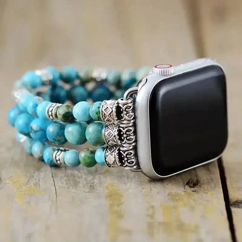 Imperial Jasper Beaded Apple Watch Band with blue-green stones, silver accents, promoting stability and balance.