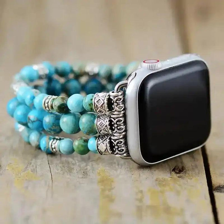 Imperial Jasper Beaded Apple Watch Band with blue-green stones, silver accents, promoting stability and balance.