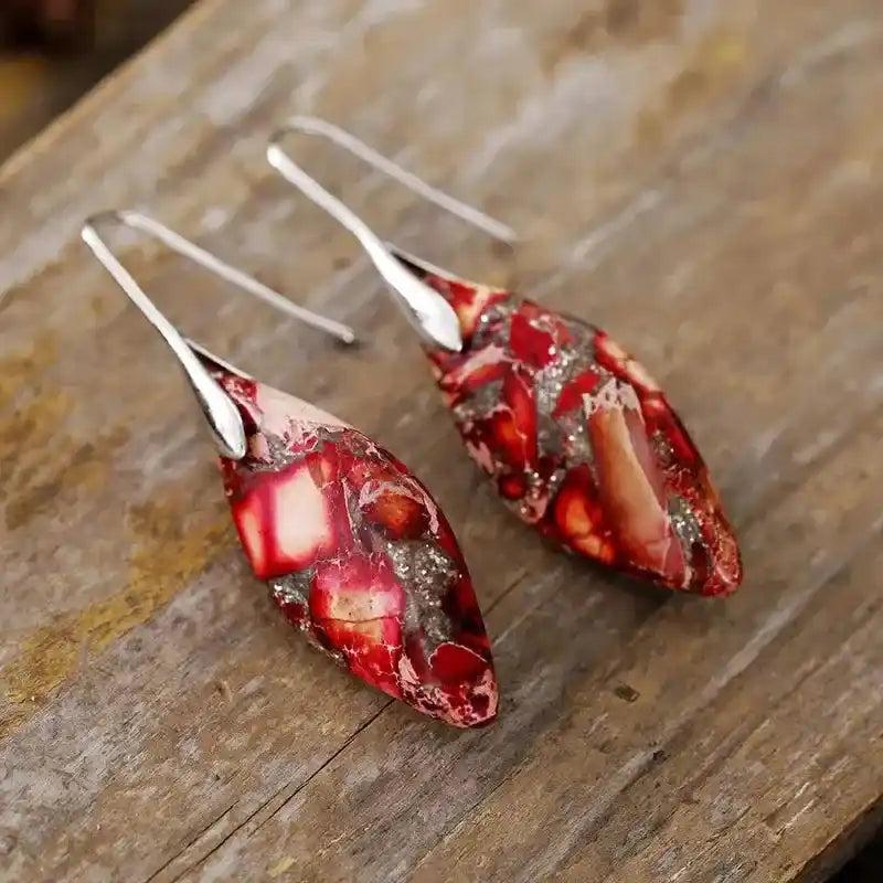 Imperial Jasper Crystal Drop Earrings with rich red, white, and gray patterns, offering grounding and emotional balance.