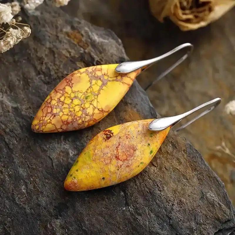 Imperial Jasper Crystal Drop Earrings with rich yellow, red, and turquoise patterns for grounding and emotional balance.