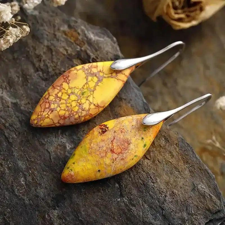 Imperial Jasper Crystal Drop Earrings with rich yellow, red, and turquoise patterns for grounding and emotional balance.