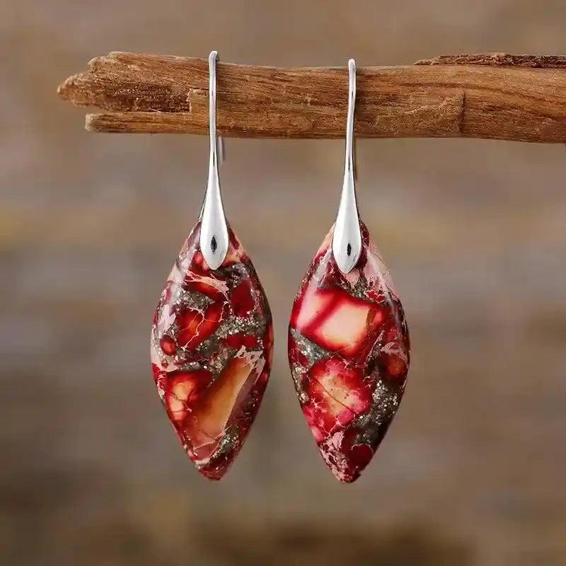 Imperial Jasper Crystal Drop Earrings: Marquise-cut red jasper with silver hooks, offering grounding and emotional balance.