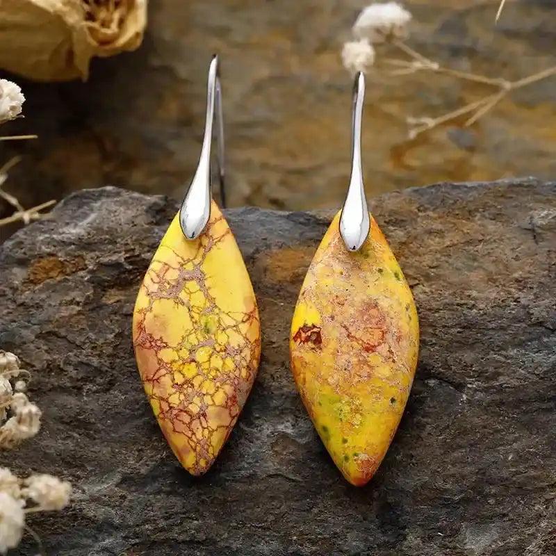 Imperial Jasper Crystal Drop Earrings: Marquise-cut natural stone in vibrant yellow, red, and brown, with silver hooks.