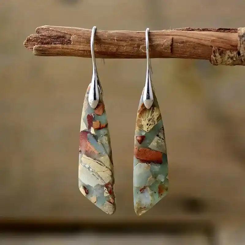 Bohemian Stone Geometric Earrings with unique natural jasper patterns, promoting grounding and balance.