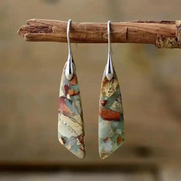Bohemian Stone Geometric Earrings with unique natural jasper patterns, promoting grounding and balance.