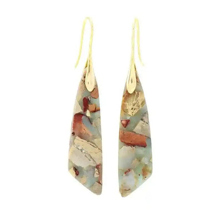 Bohemian Stone Geometric Earrings: Earthy, multi-colored natural gemstone pendants with gold-tone hooks, promoting balance and positive energy.