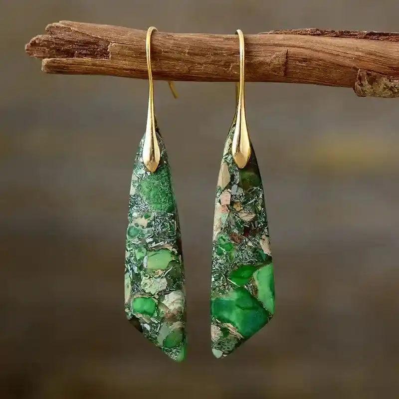 Bohemian Stone Geometric Earrings with unique green jasper for grounding and balance.