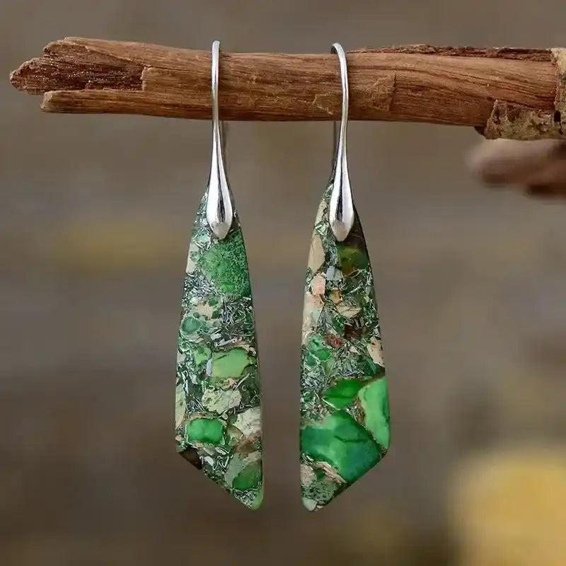 Bohemian Stone Geometric Earrings: Green jasper geometric earrings promoting grounding and balance.