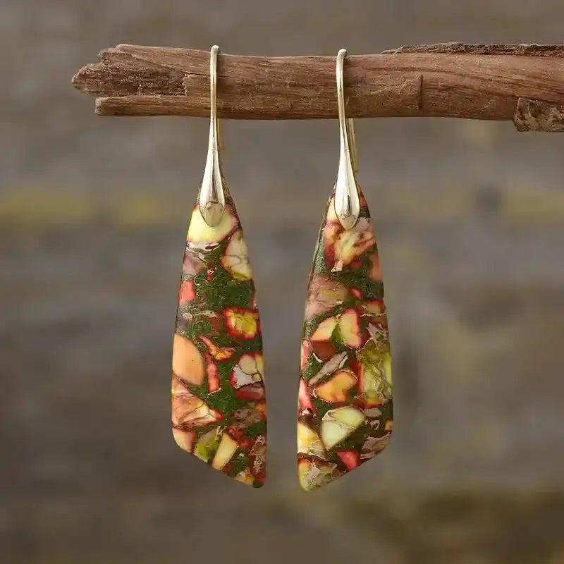 Bohemian Stone Geometric Earrings with unique red, green, and yellow natural gemstones for grounding and balance.
