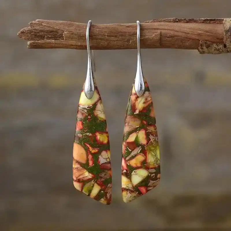 Bohemian Stone Geometric Earrings: Earthy red, green, and yellow jasper stone earrings, promoting grounding and balance.
