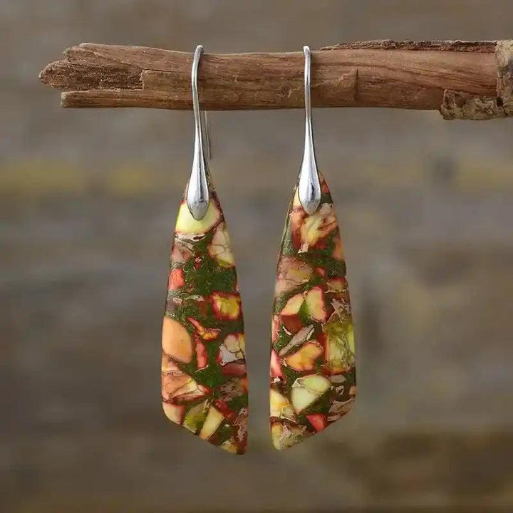 Bohemian Stone Geometric Earrings: Earthy red, green, and yellow jasper stone earrings, promoting grounding and balance.