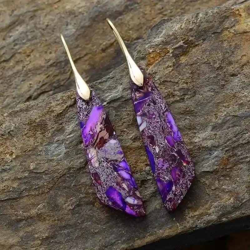 Bohemian Stone Geometric Earrings: Purple imperial jasper, gold-toned hooks, grounding, balance, positive energy.