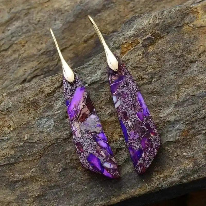 Bohemian Stone Geometric Earrings: Purple imperial jasper, gold-toned hooks, grounding, balance, positive energy.