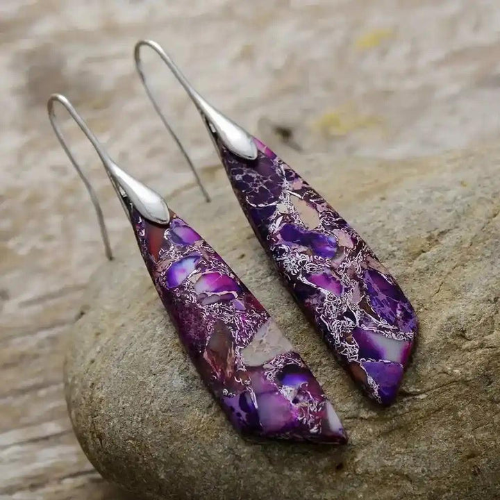 Bohemian Stone Geometric Earrings: Purple imperial jasper teardrop earrings with silver hooks, promoting balance and positive energy.
