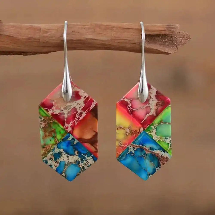 Vibrant Natural Stone Geometric Drop Earrings with unique patterns, promoting grounding and positive energy.