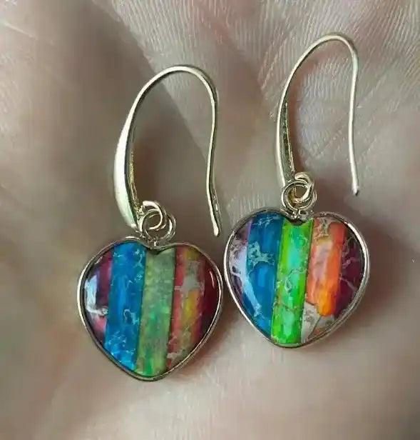 Heart-Shaped 7 Chakra Drop Earrings with vibrant healing stones in silver-plated design for balance and spiritual well-being.