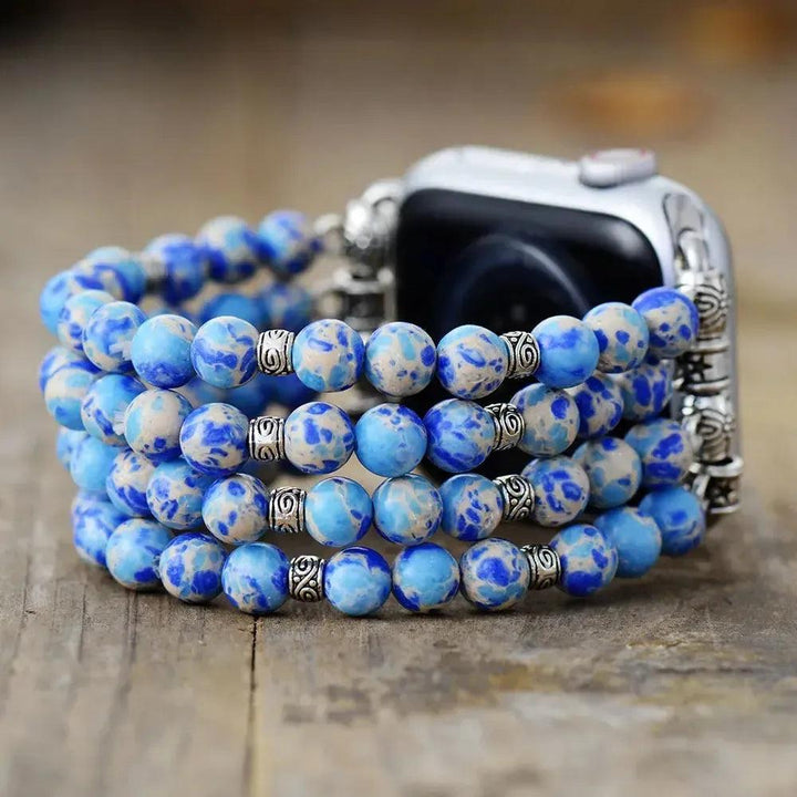 Imperial Jasper Apple iWatch Band with blue and tan beads, silver accents, and elastic design for grounding energy.