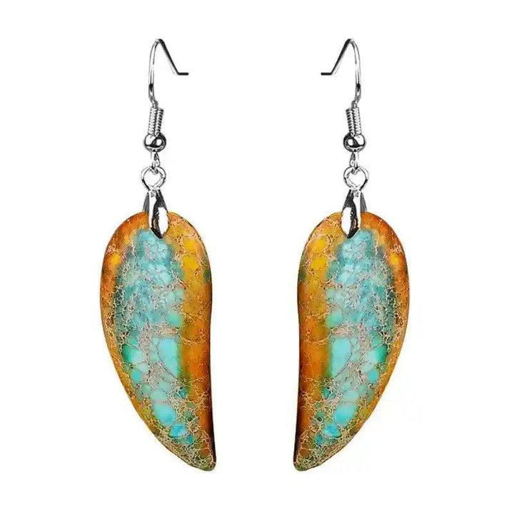 Vibrant Imperial Jasper Leaf Earrings: earthy orange and turquoise natural stone dangles for grounding and bohemian style.