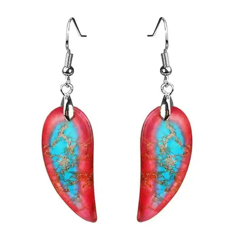 Vibrant Imperial Jasper Leaf Earrings with grounding red and turquoise stones, offering bohemian charm and emotional balance.