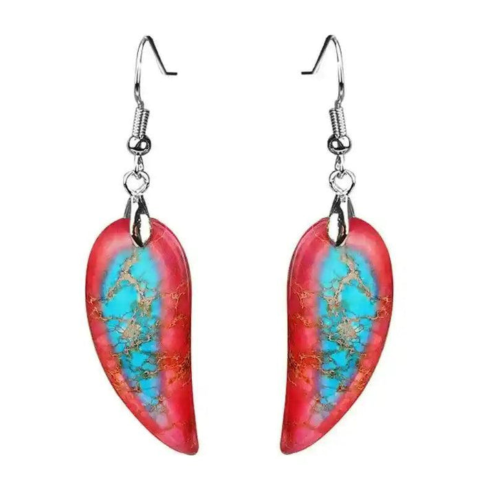 Vibrant Imperial Jasper Leaf Earrings with grounding red and turquoise stones, offering bohemian charm and emotional balance.