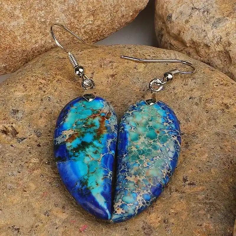 Vibrant Imperial Jasper Leaf Earrings with earthy blue and turquoise patterns, promoting grounding and emotional balance.
