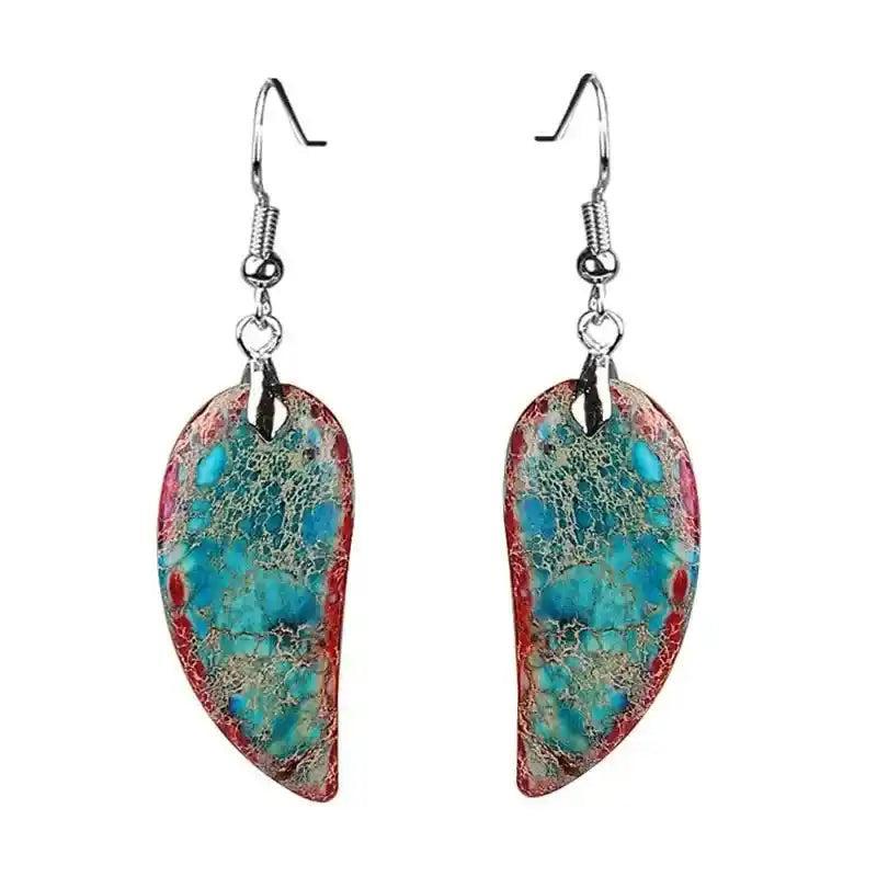 Vibrant Imperial Jasper Leaf Earrings with earthy patterns, offering grounding and bohemian charm.