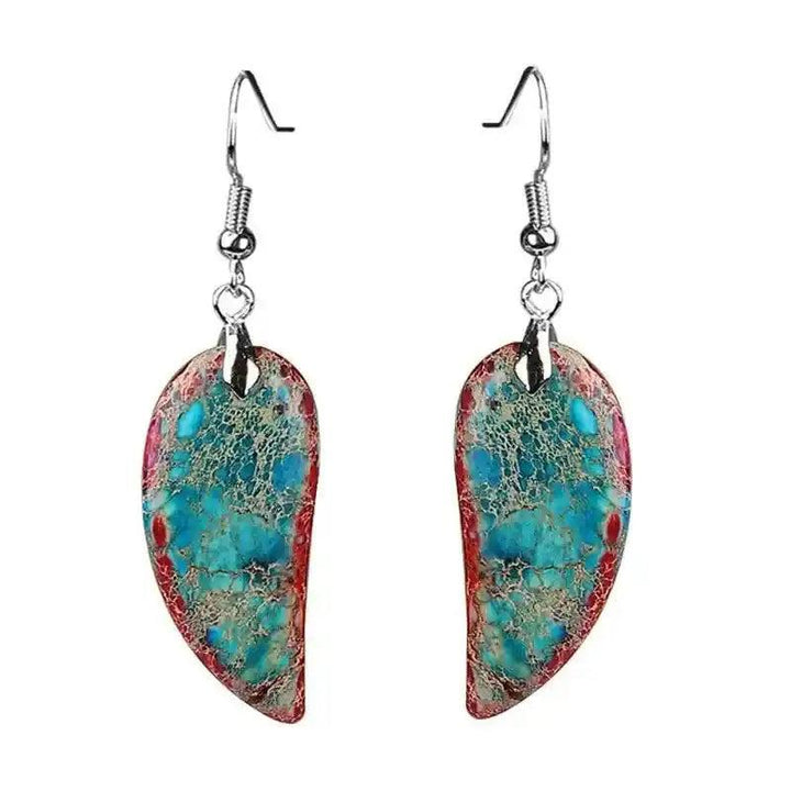 Vibrant Imperial Jasper Leaf Earrings with earthy patterns, offering grounding and bohemian charm.