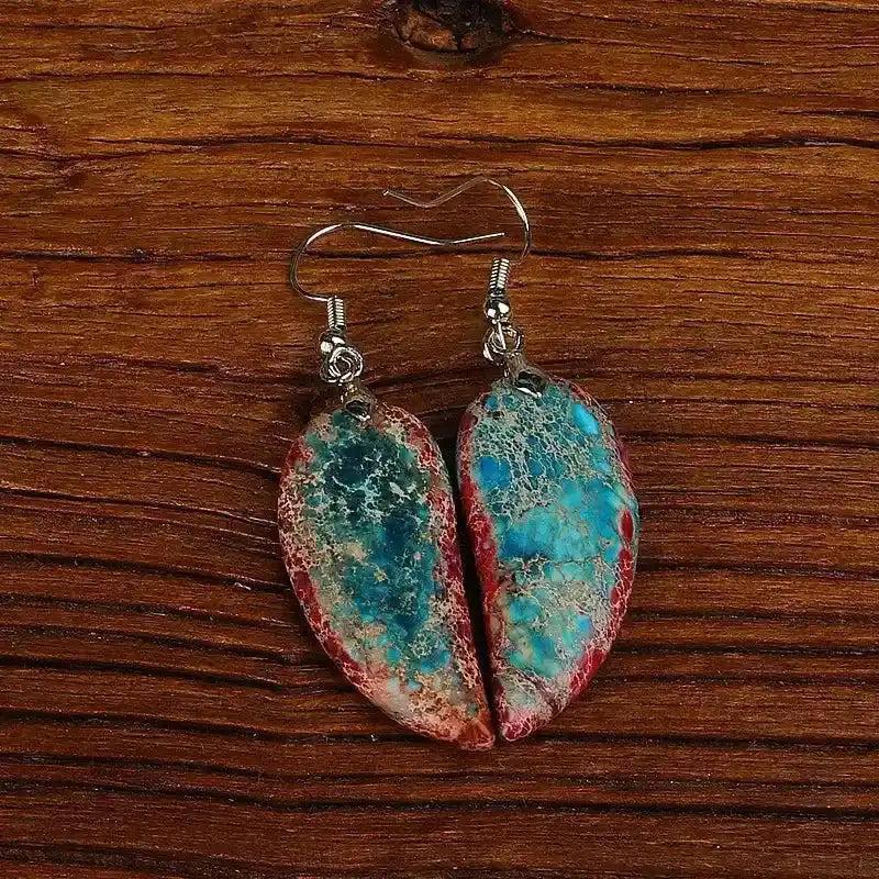 Vibrant Imperial Jasper Leaf Earrings with earthy blue and red tones for grounding and bohemian style.