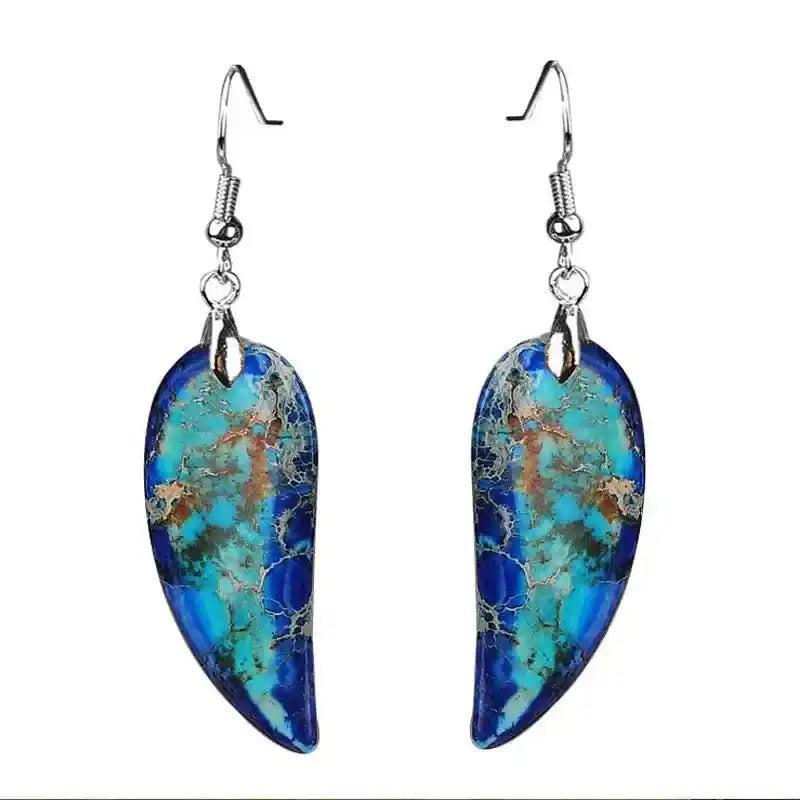 Vibrant Imperial Jasper Leaf Earrings with earthy blue-green patterns for grounding and bohemian charm.