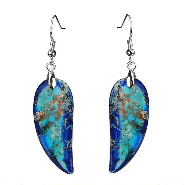 Vibrant Imperial Jasper Leaf Earrings with earthy blue-green patterns for grounding and bohemian charm.