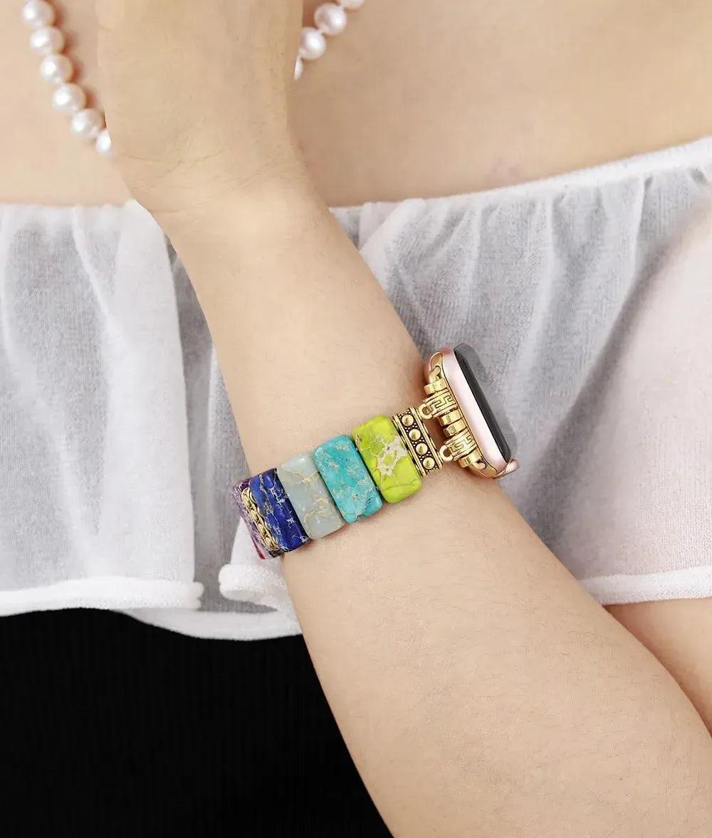 7 Chakra Imperial Jasper Apple iWatch Band with vibrant, rectangular jasper beads for balance and grounding energy.