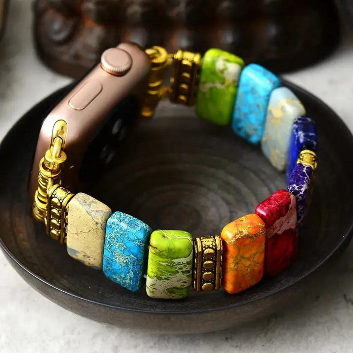 7 Chakra Imperial Jasper Apple iWatch Band with vibrant, rectangular jasper beads and gold-tone connectors, promoting balance.