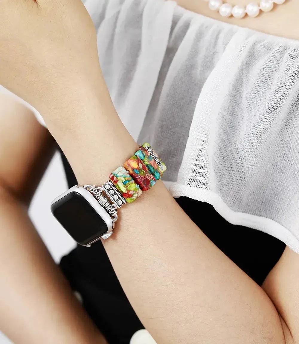 7 Chakra Imperial Jasper Apple iWatch Band with vibrant, natural stone beads for balance and grounding energy.