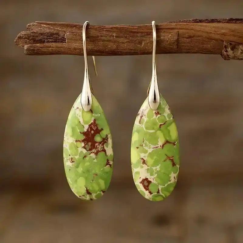 Imperial Jasper Teardrop Earrings: Green, brown, and white natural stone dangle earrings for grounding and tranquility.
