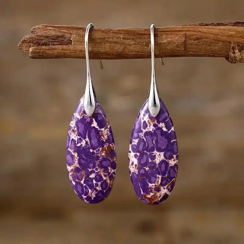 Imperial Jasper Teardrop Earrings: Purple natural stone dangle earrings for grounding and tranquility.