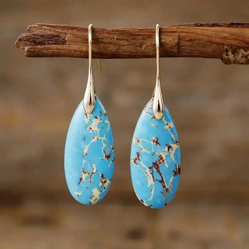 Imperial Jasper Teardrop Earrings: Blue imperial jasper teardrop earrings with brown and cream marbling, promoting peace and balance.